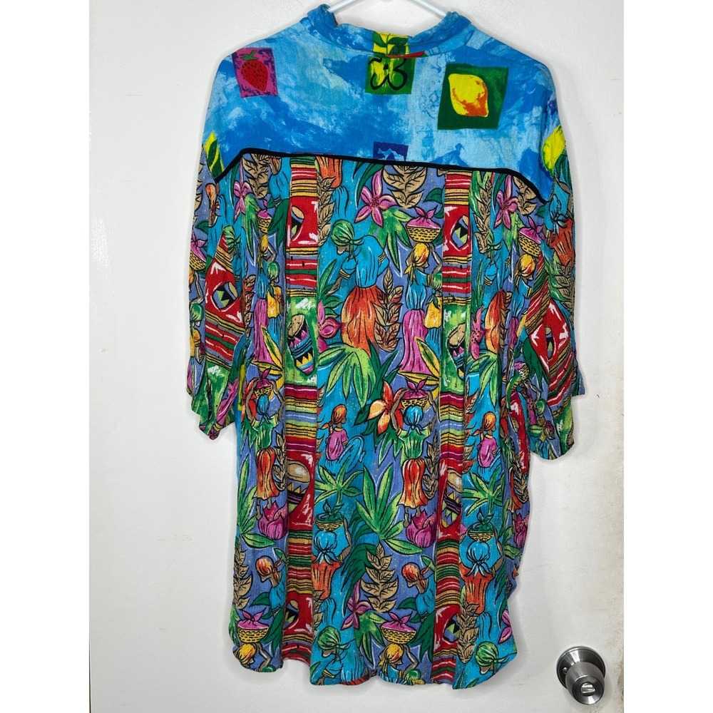 BOP Button Shirt 2X Blue Multi Caribbean Novelty Print Art to Wear Rayon Top - Picture 8 of 8